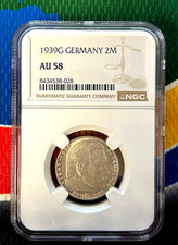 NGC AU 58  1939 G 2 Mark German Silver WWII Coin 3rd Reich Reichsmark Coin