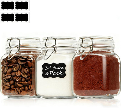 3-Pack Square Glass Coffee Canisters for 1Lb Bean Bags, 34Oz Airtight Jars with