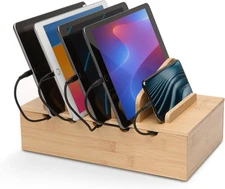 Wooden Charging Station Organizer - 5-Port Base for Phones, Tablets and Laptops 
