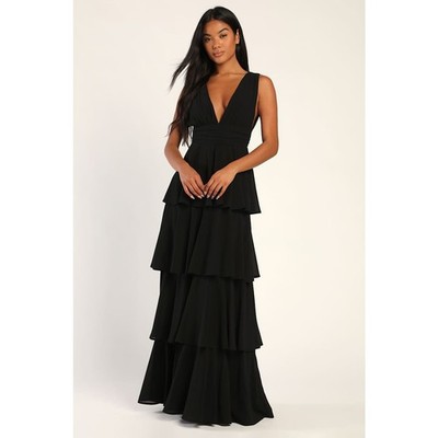 Lulus Amazing Evening Black Tiered Maxi Dress Chiffon Formal Evening XL NWT