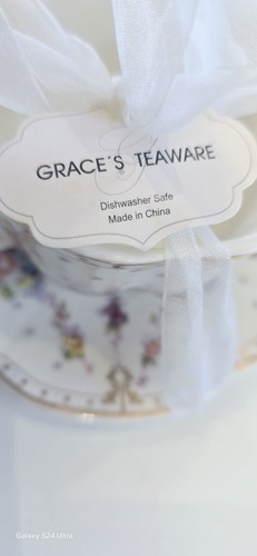 Grace’s Teaware Teacup & Saucer SET NEW Gold Trim-- Rose Swag Pattern - Picture 3 of 5