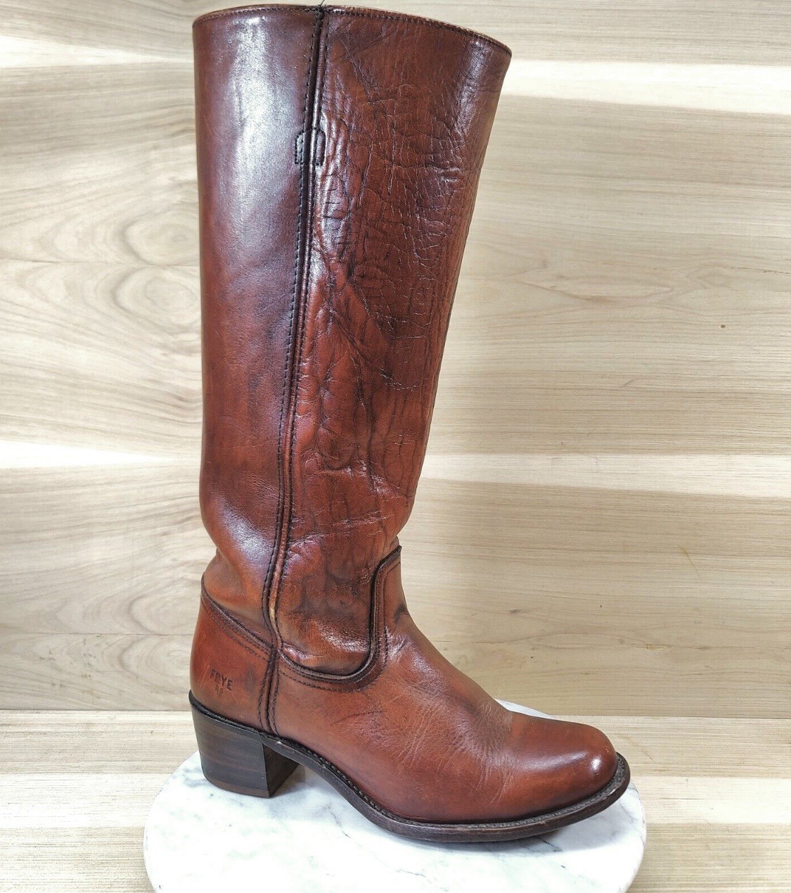 Vtg 80s Frye Campus Boots Women 9.5 Red Mahogany Knee High Round Toe Distressed