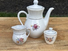 Charming Mini Porcelain Tea Coffee Set Floral Gold Trim Pot Creamer Sugar 3 Pc