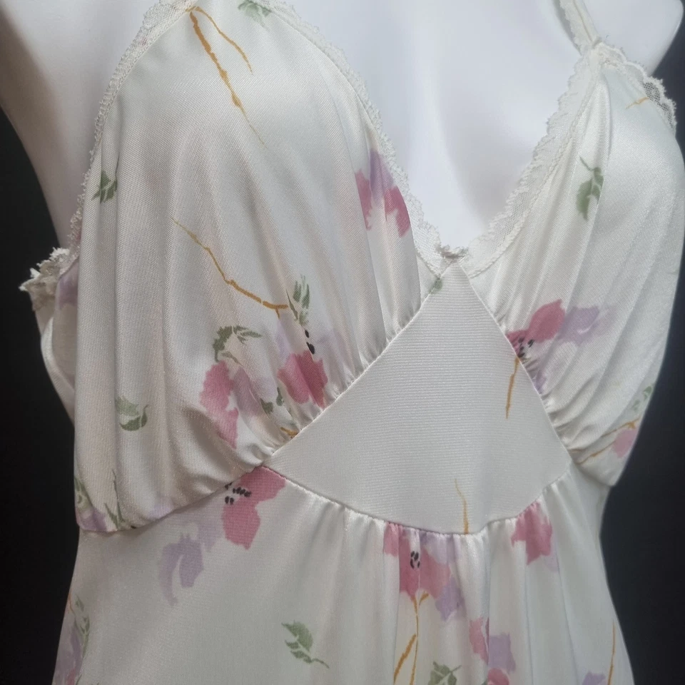 VTG Deena Nylon Nightgown Silky Satin White Floral Maxi Glam Strappy V Neck Sz L - Image 4 of 4