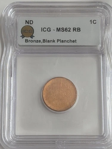 No DATE ONE Cent 1C Penny Bronze Blank Planchet ICG Graded MS62 RB Red Brown