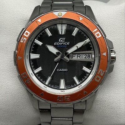 Casio Edifice EFM-100 Mens Watch 44mm Black Dial Orange Bezel Stainless 7.75''