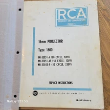 VINTAGE RCA TYPE 1600, 16mm FILM PROJECTOR SERVICE & PARTS MANUAL