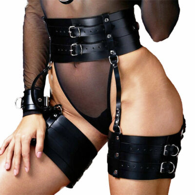 New Leather Bondage Body Harness Wide Waist Belt Garter Belt Leg Thigh  Restraint | eBay