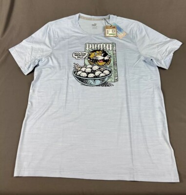 Puma Golf Shirt Tee T-Shirt Cloudspun Breakfast Ball Print Large Blue MSRP $45