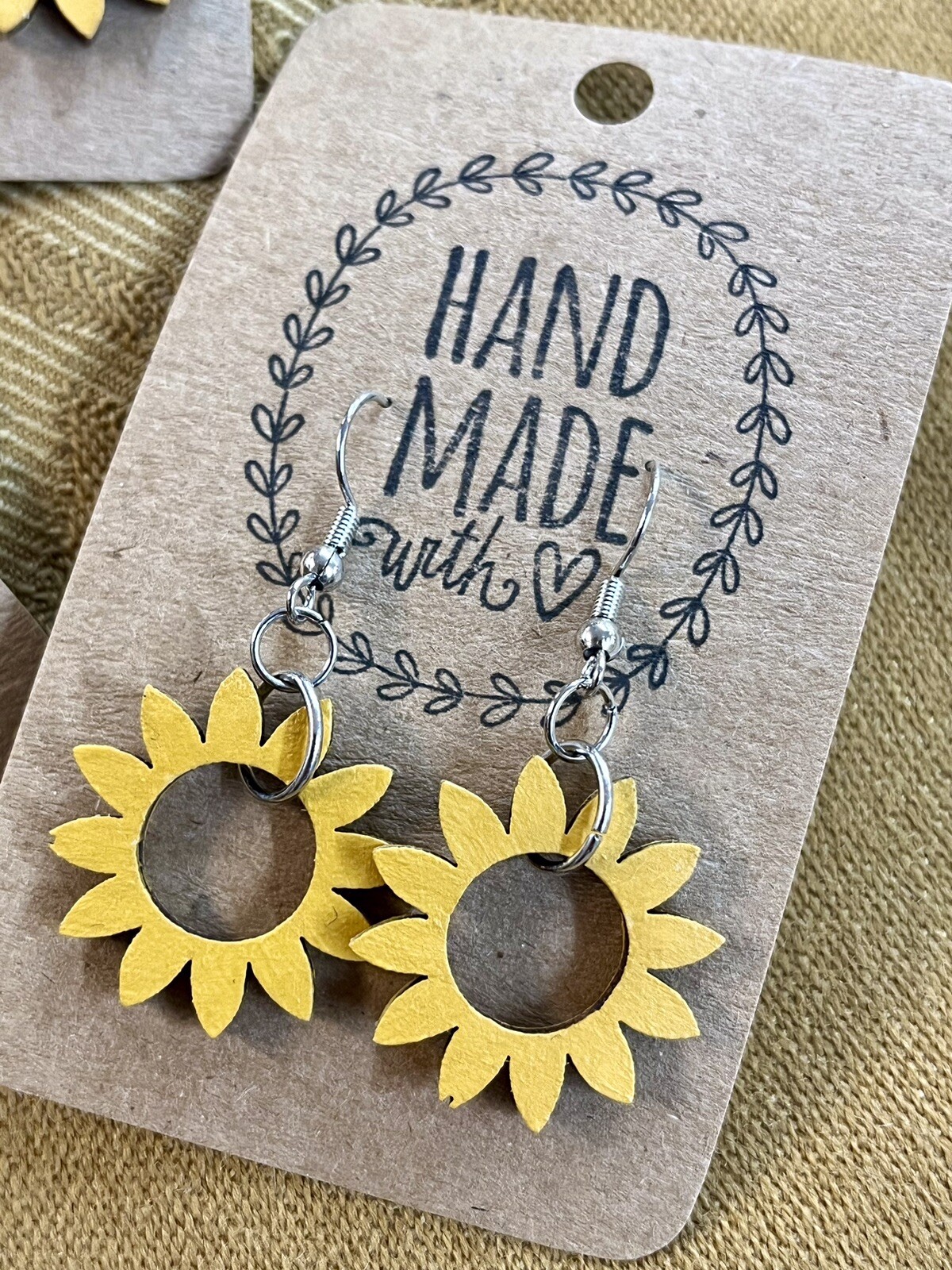 Hand-painted yellow sunflower dangle earrings round floral design