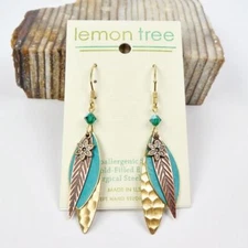Three Part Brass and Hand Painted Turquoise Leaves Earrings by Lemon Tree