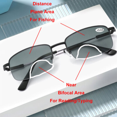 Men Titanium Alloy Bifocal Reading Glasses Tinted Sunglasses Half Rimless Reader