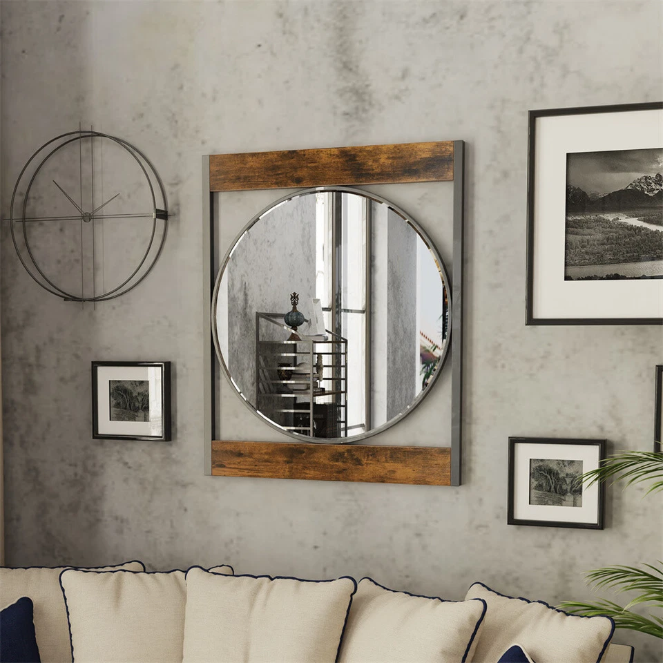 Farmhouse Metal Round Mirror in Square Frame Wall Decor for Bathroom Living Room - Image 2 of 4