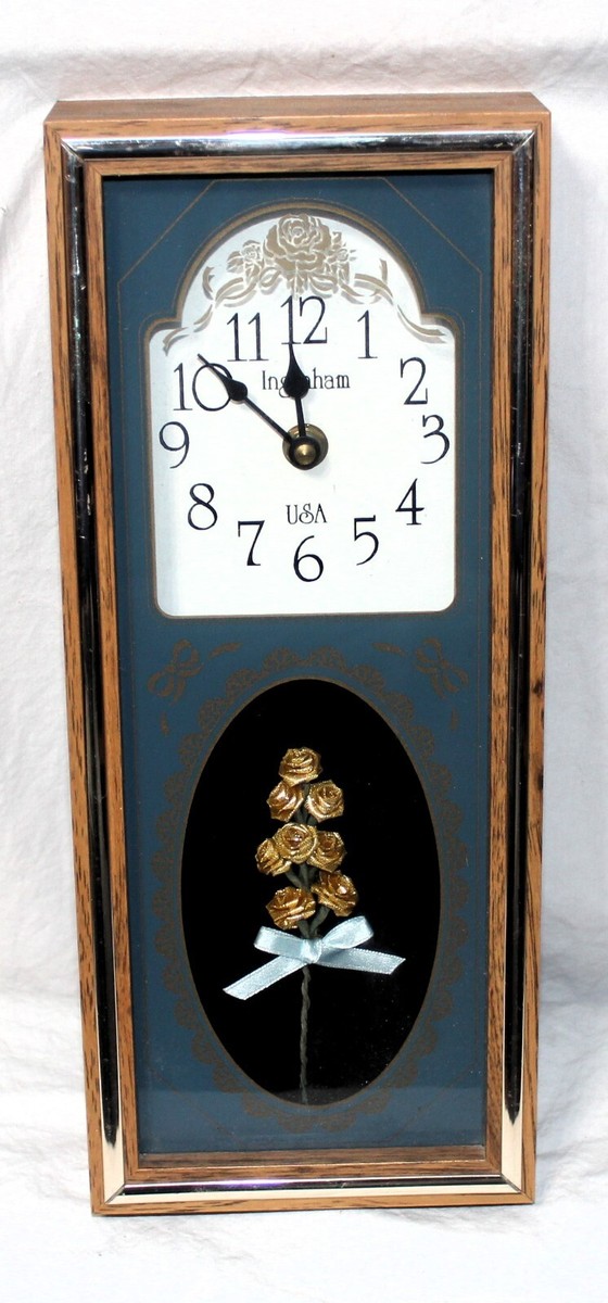 Vintage INGRAHAM Gold Rose Wall Clock Quartz Analog Wooden Blue