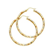 Gold 14K Tri Color Gold 3mm Diamond Cut Hoop Earrings
