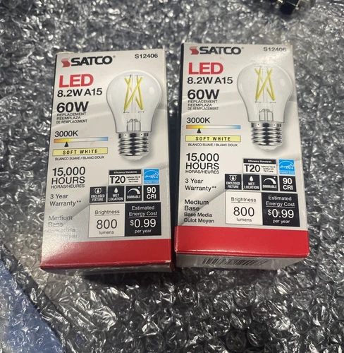 Satco 8.2w LED Bulb A15 Clear Finish 3000K 90 CRI 120 Volt - 60w— 2 Pack-w1 - Picture 1 of 4