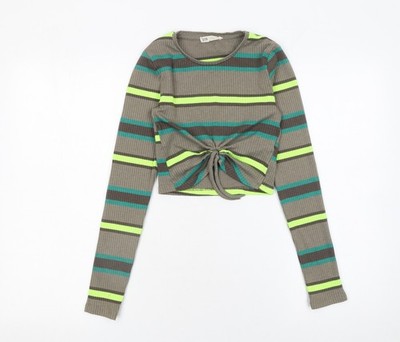 STR Damen Gestreift Grün Cropped Langarm Strick Tie Front Top Größe S