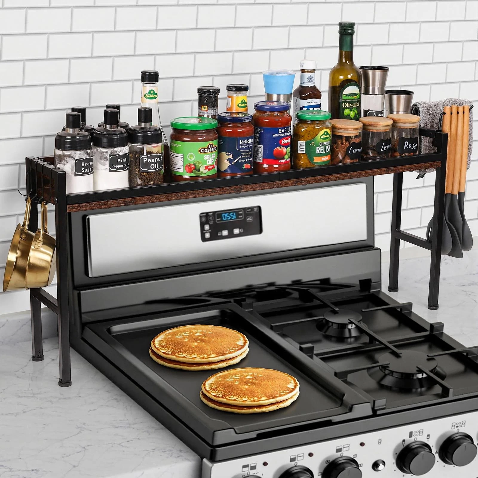 Over the Stove Spice Rack Shelf with 6 Hooks