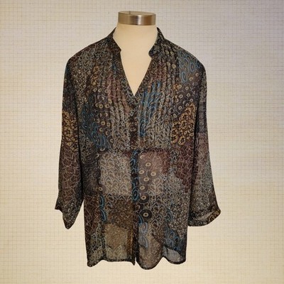 Christopher and Banks Oversized Boho Blouse Lightweight Flowing Feather Pattern