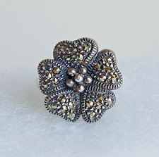 Vintage Size 6 Sterling Silver Marcasite  CZ Floral Ring, 6.7g, Oxidized Flower