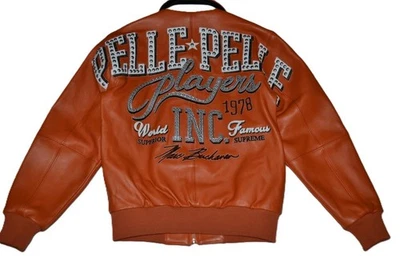 Authentique Pelle Homme Cuir Joueurs Encre Monde Célébres Veste Orange Neuf - Photo 1/4