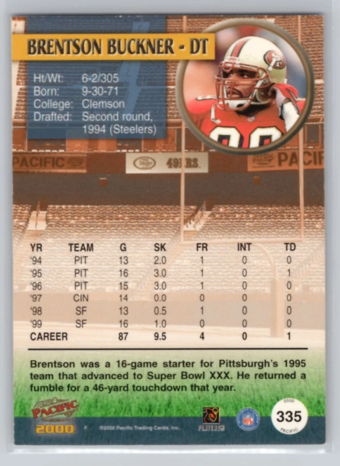 2000 PACIFIC #335 BRENTSON BUCKNER GOLD SAN FRANCISCO 49ERS /199 - Image 2 of 2