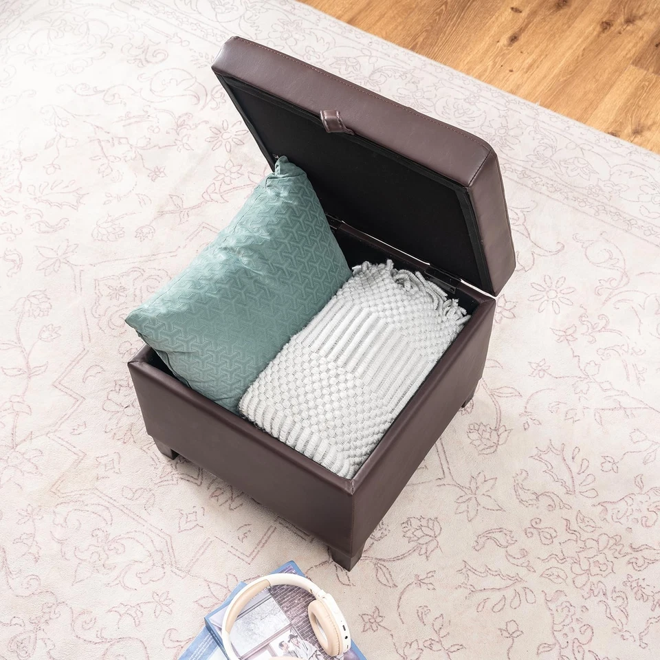17 Inch Square Storage Ottoman,Small Foot Rest Stool for Couch, Faux Leather - Image 4 of 4