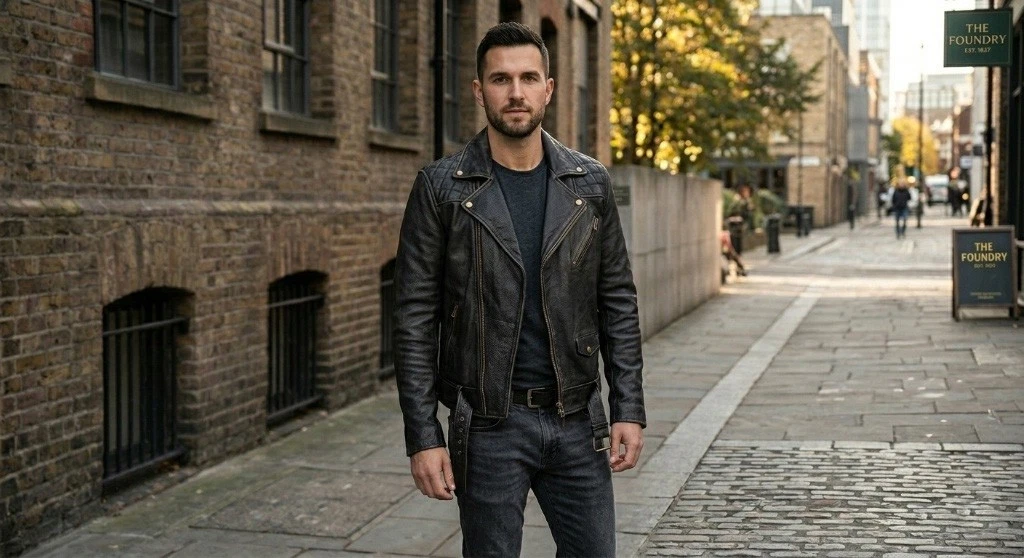 Men Black Cowhide Leather Biker Jacket Distressed Vintage Asymmetrical Moto Coat