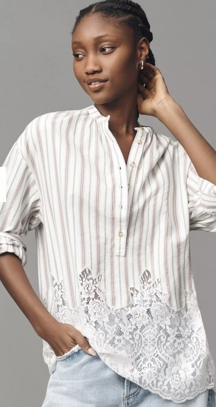Pilcro Buttoned Up Lace Blouse Size Large Striped Top Anthropologie