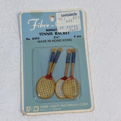 Vintage Fibre-Craft Miniature Tiny Tennis Rackets 2 1/8 Inch 8495 4pcs Hong Kong