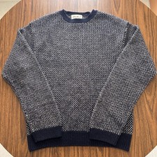 VTG Eddie Bauer Birds Eye Wool Sweater Large Blue White Preppy Hike Outdoors 90s