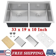 Stainless Steel Kitchen Sink 33x19x10 Inch Undermount Dual Bowl Workstation Sink