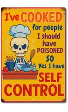 Funny Chef Skull Kitchen Sign 8x12 Aluminum Wall Decor Cooking Humor Self Contro