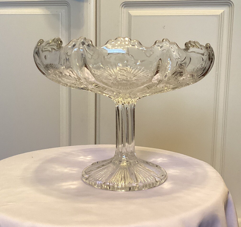 Vintage Cut Glass Pedestal Bowl / Candy Dish Sawtooth Scalloped Edge