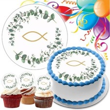 Kommunion Tortenaufleger Party Deko personalisiert Name Text Eukalyptus essbar