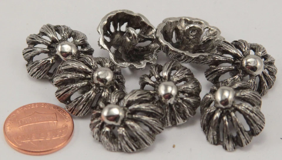 8 Oval Silver Tone Metal Domed Pierced Flower Shank Buttons 13/16" 20mm 6408 - Image 4 of 4