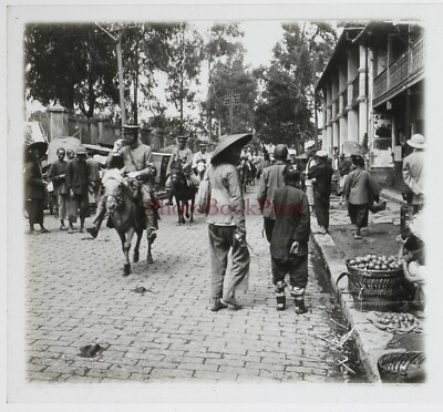China Markt Im Freien Belebte Straße C1900 Foto Glasplatte Stereo Vintage