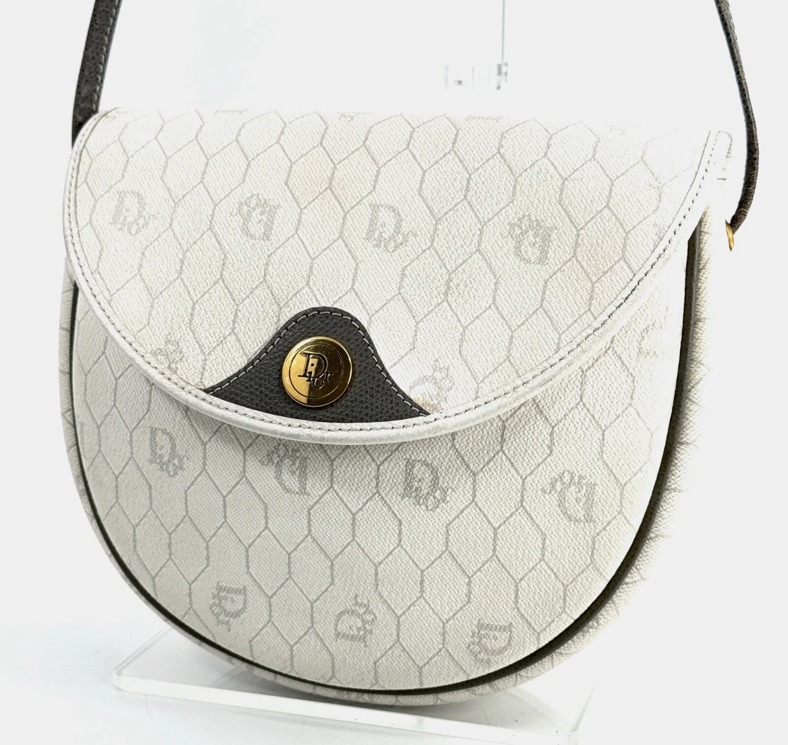Sac à main bandoulière Dior nid d'abeille PVC cuir blanc authentique