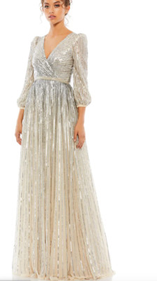 MAC DUGGAL 5509 SEQUINED WRAP OVER 3/4 SLEEVE SILVER NUDE GOWN  14