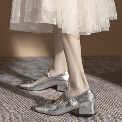 Women Silver Mary Jane Shoes Summer Square Toe Retro Pu Leather