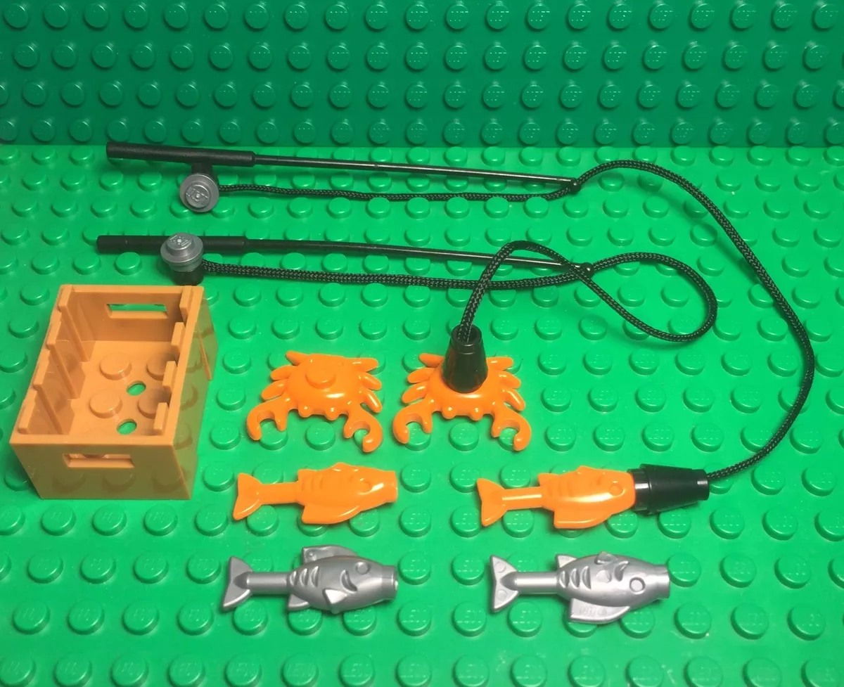 Lego 2 City Mini Figures Fishing Pole Rod With Black String,2 crab,4  fish,Crate