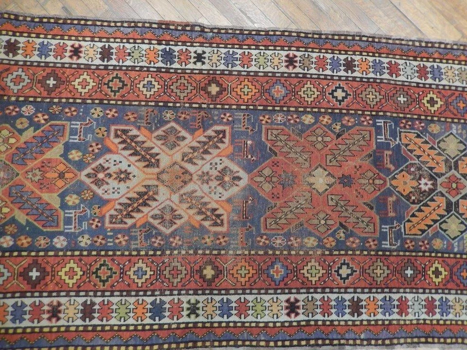 4x8' Rust Antique Russian Kazak Runner Light Blue 23365 - Image 4 of 4