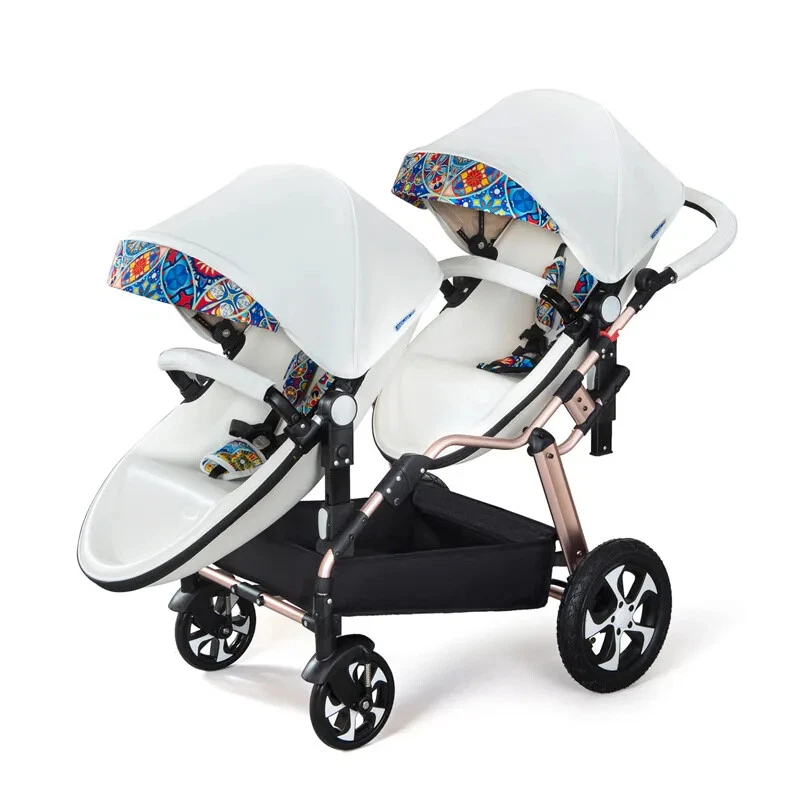 Twins Baby Stroller aluminum Frame PU Leather Twin Pram Can Sit and Lying double
