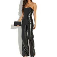 Real Leather Off Shoulder Bodysuit Slim-Fitted Clubwear Party Outdoor Jumpsuit M