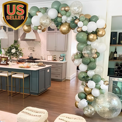 137PCS Sage Green Balloon Garland Arch Kit White Gold Confetti Balloons Retro...