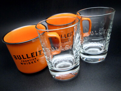 2+2   Bulleit Bourbon Frontier Whiskey   Heavy Oval Glasses + Orange Mugs Italy
