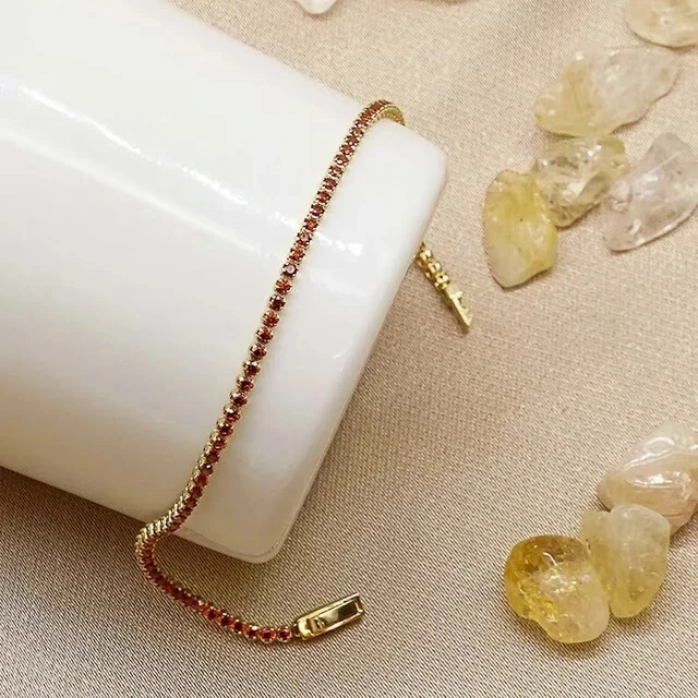 4Ct Round Lab Created Pink Ruby Women's Tennis Bracelet 14K Yel Gold Plated 7.5" - Image 3 of 4