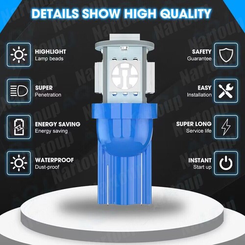 10Pcs Blue T10 LED 168 194 1/2" Socket Cluster Dash Instrument Panel Light Bulb - Foto 2 di 10