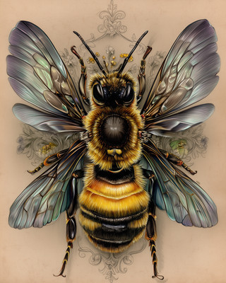 8x10 Bee macro, wings spread - ornate backdrop, symmetry - realistic - 413460485