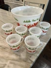 Vintage 1950’s Hazel Atlas Egg Nog Punch Bowl With 6 Cups Set -Rare Print!